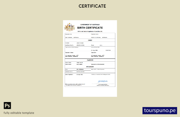 listo para imprimir certificado de nacimiento del registro civil de Australia Pl